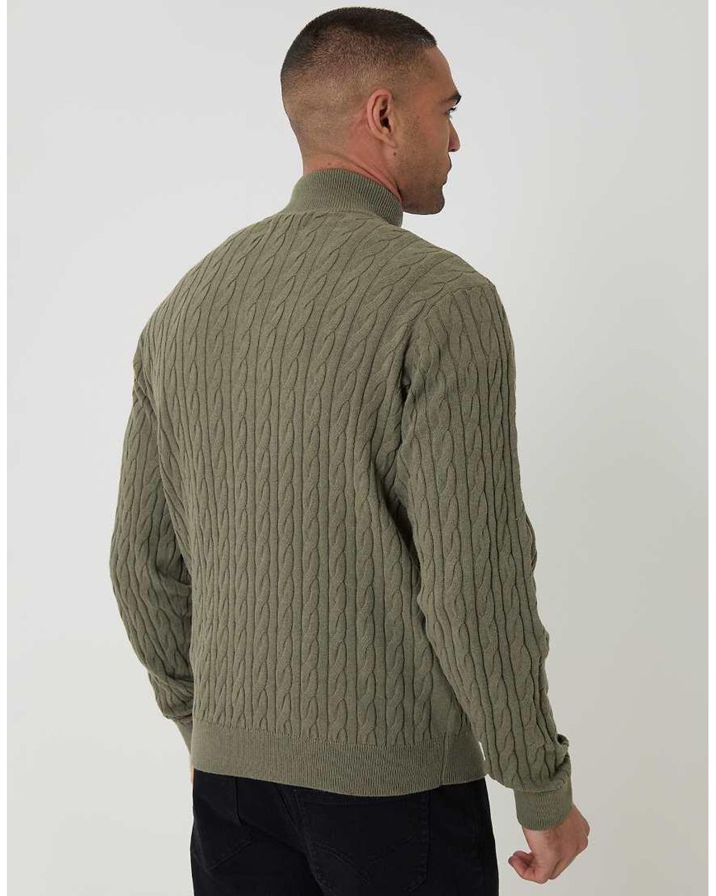 Threadbare Green Cable Knit Quarter Zip Jumper for men