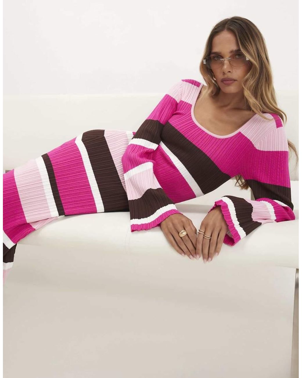 River Island Pink Stripe Knit Long Sleeve Midi Dress