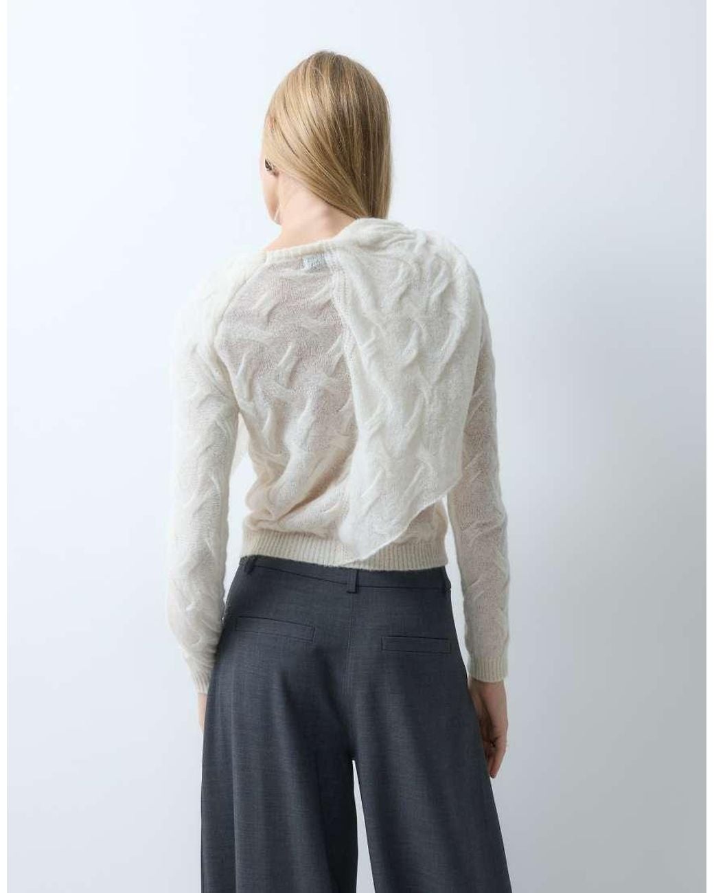 laagam White Parker Asymmetric Textured Knitted Jumper