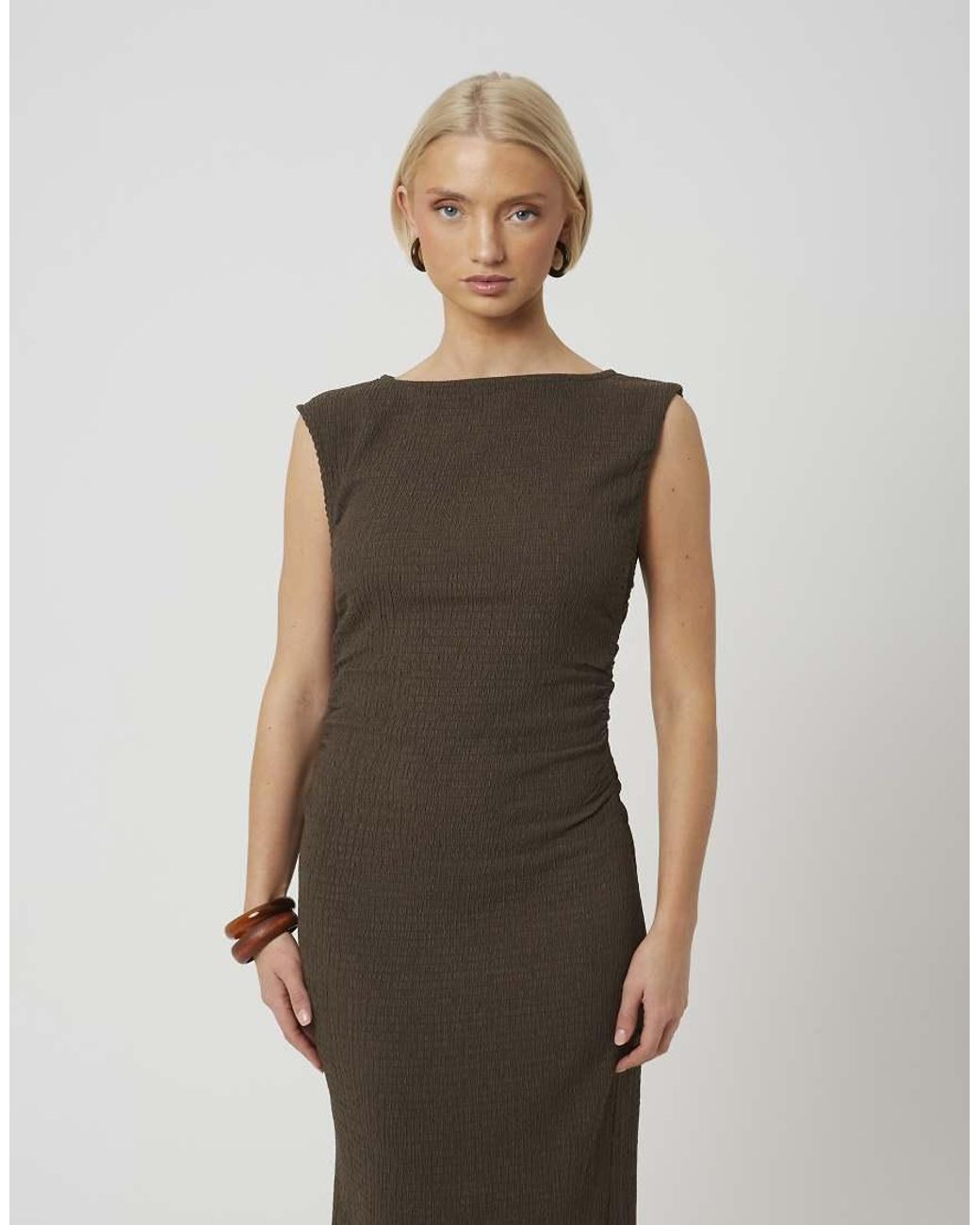 Brave Soul Brown Textured Jersey Midi Dress With Gathered Detail