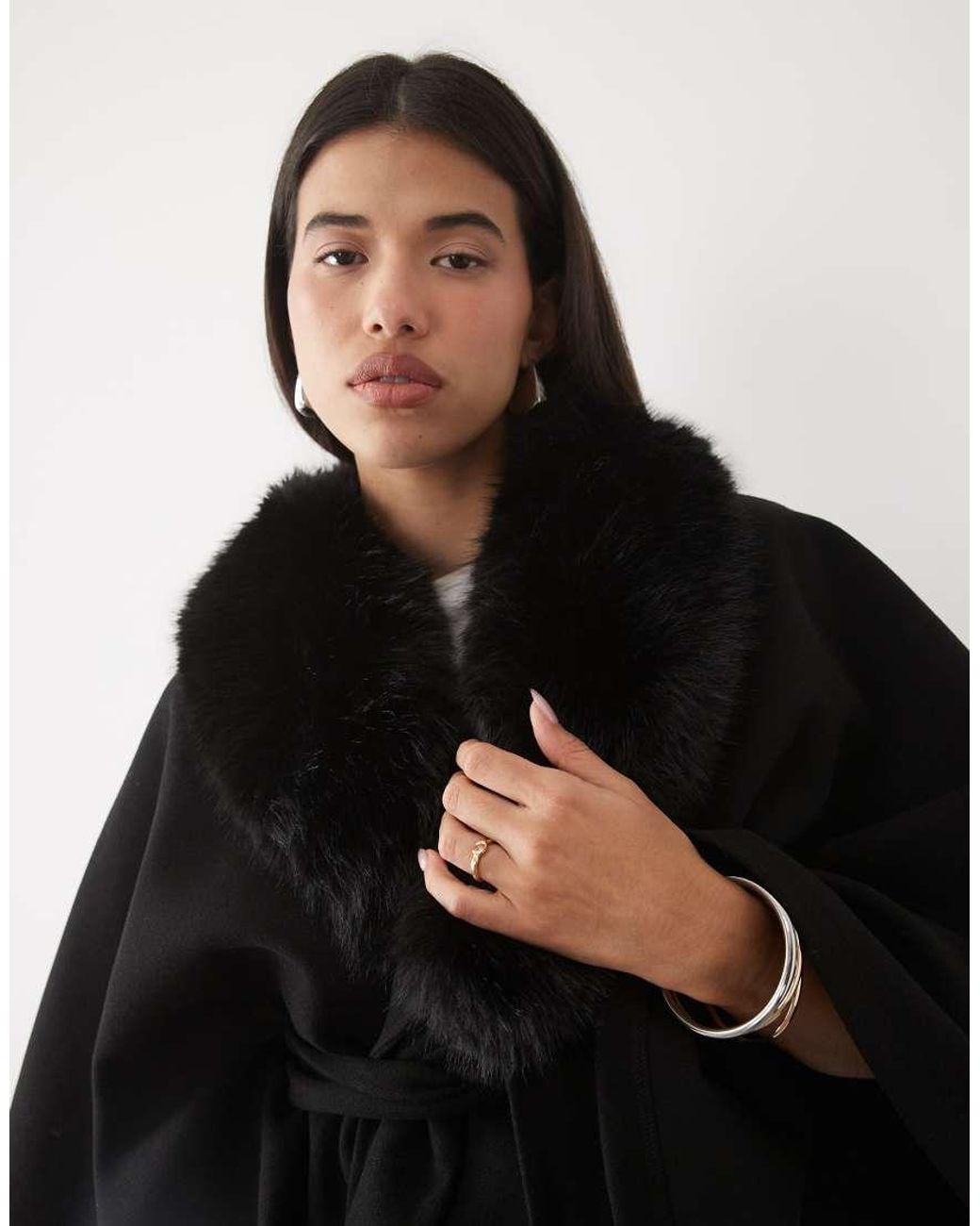 Gina Tricot Black Faux Fur Collar Cape With Belt
