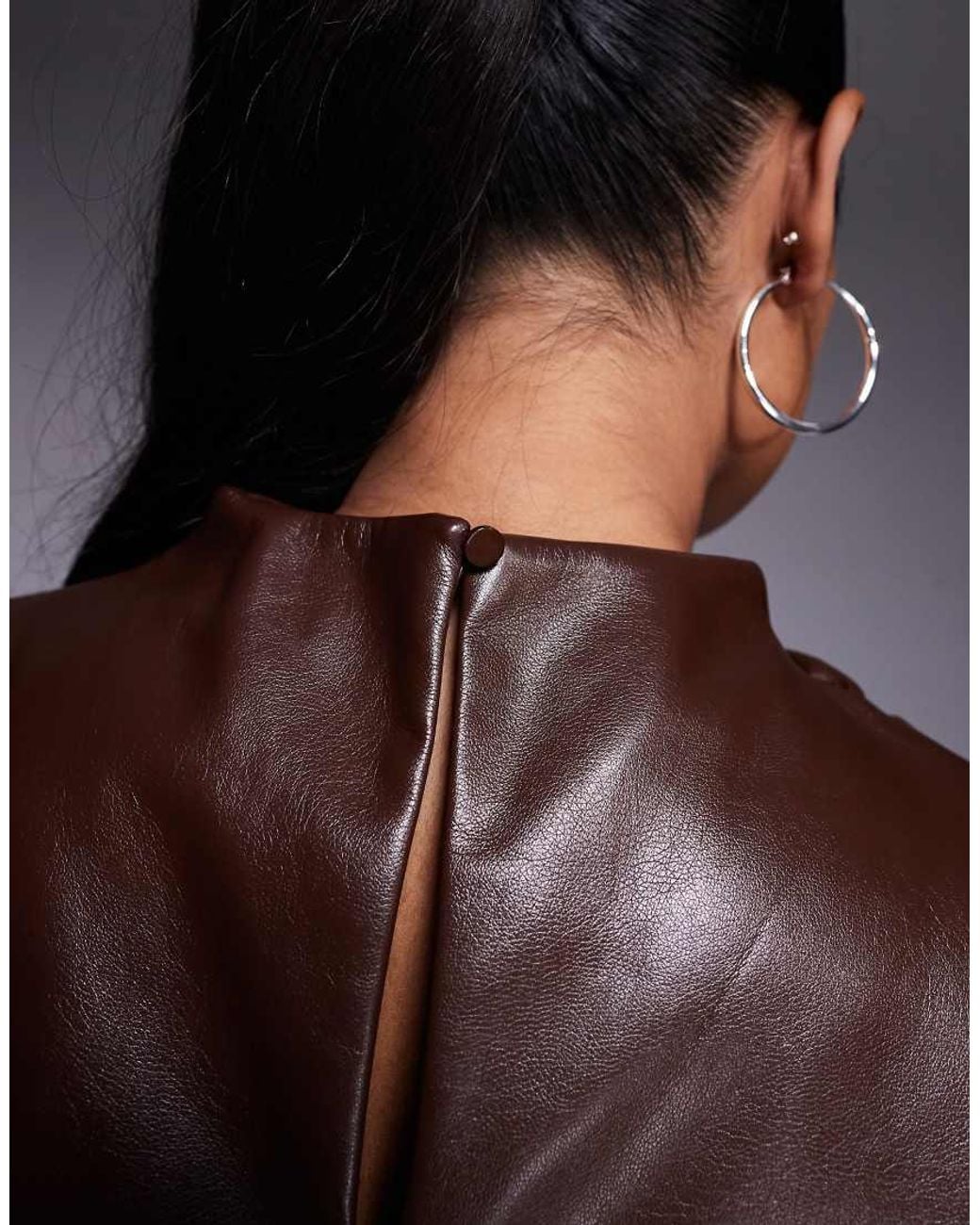 ASOS Brown Asos Design Curve Leather Look Drape High Neck Asymmetric Smart Top