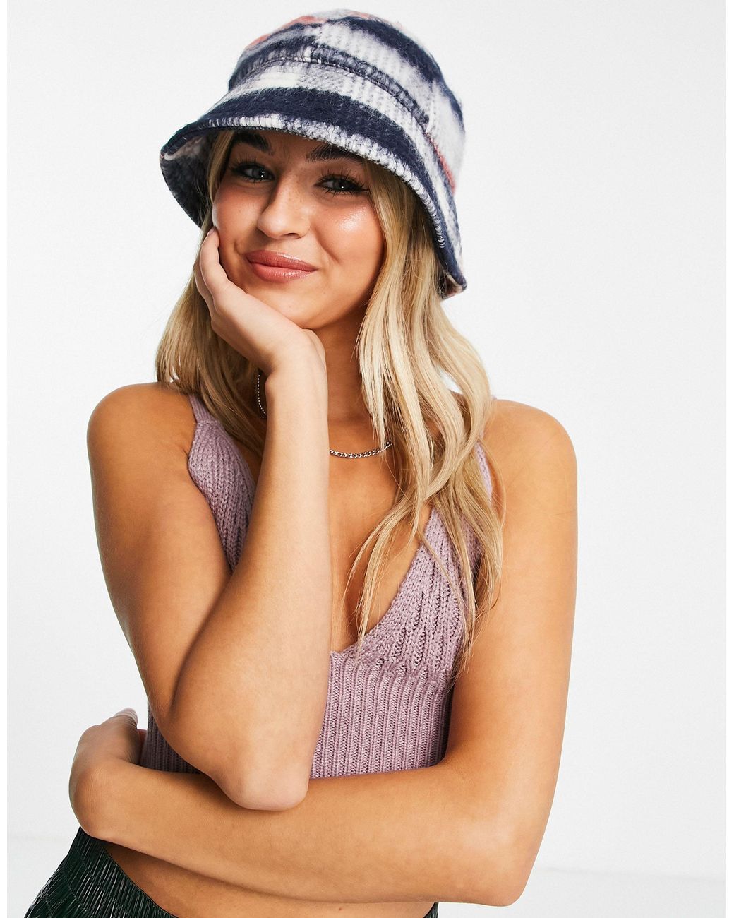 Weekday Lo Brushed Check Bucket Hat 