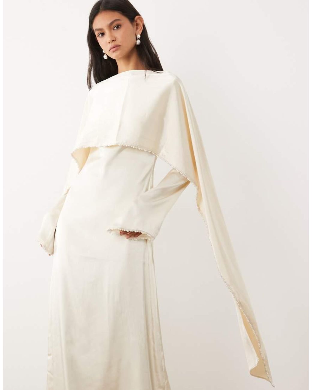 JW PEI Natural Satin Pearl Trimmed Cape Sleeve Maxi Dress