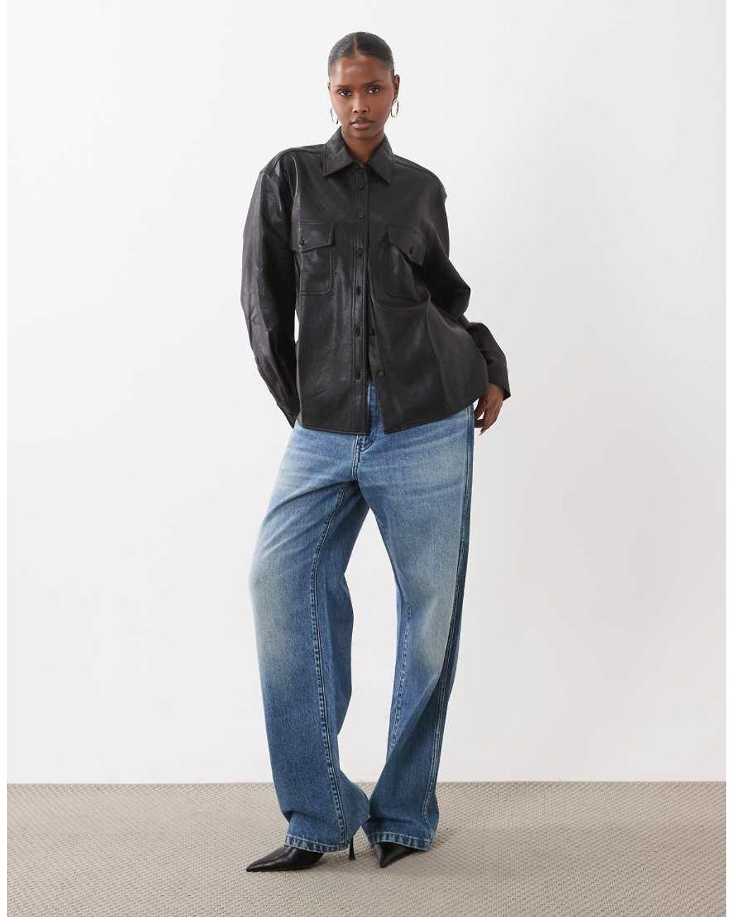 GOOD AMERICAN Blue Faux Leather Shirt