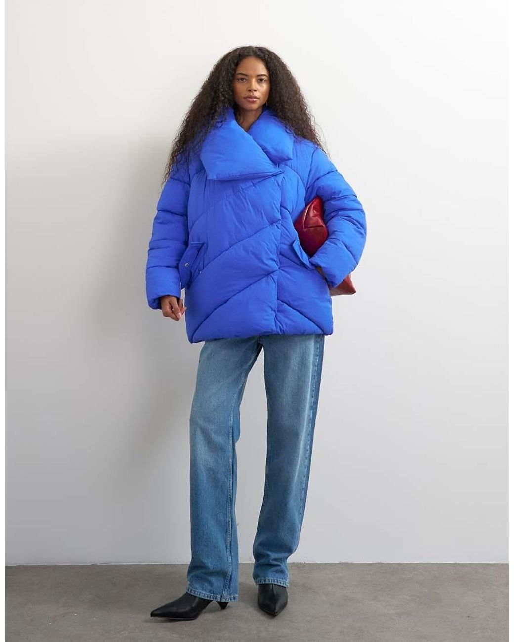 TOPSHOP Blue Funnel Neck Mid Length Puffer Jacket