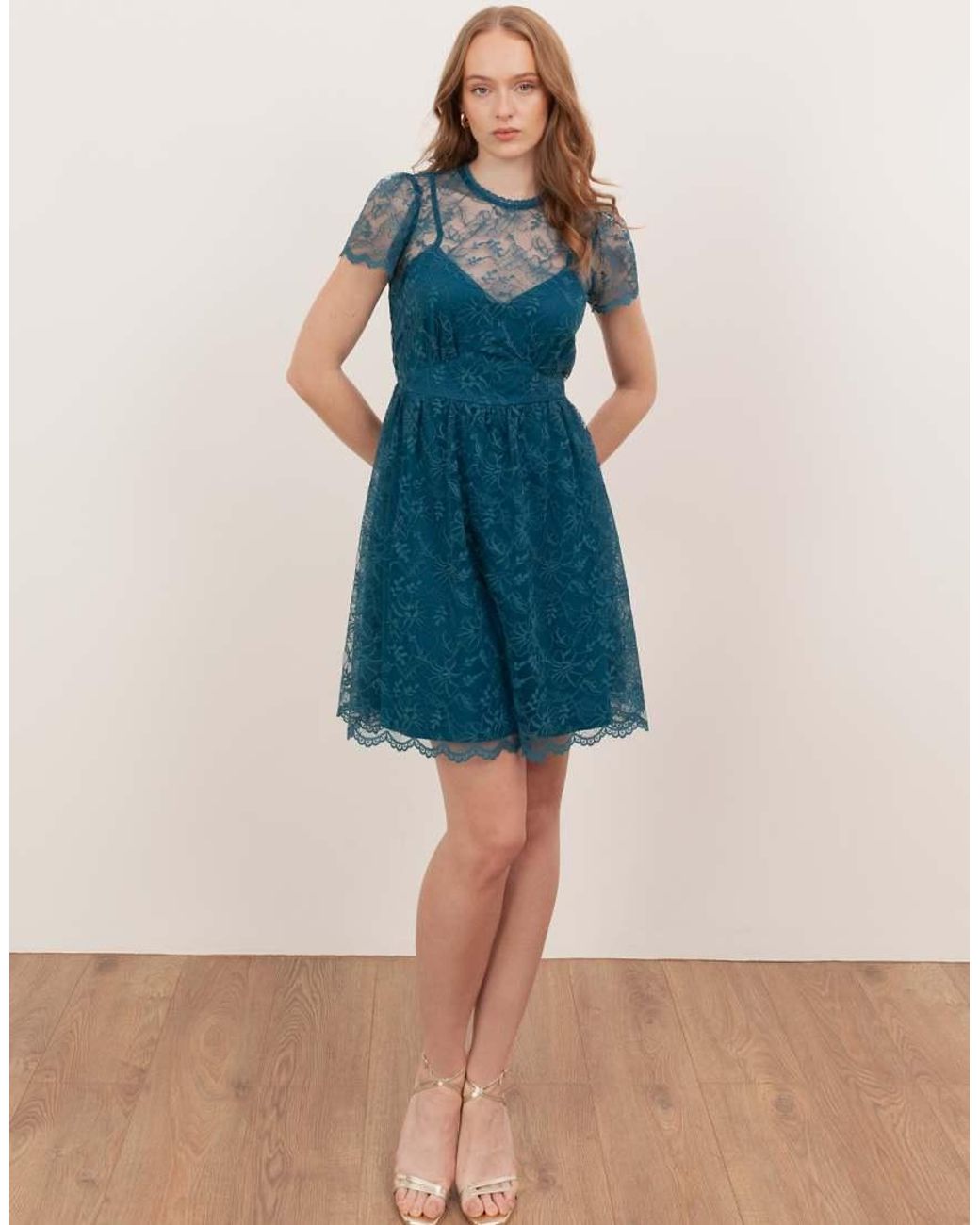 Lovedrobe Blue Floral Lace Short Sleeve Mini Dress