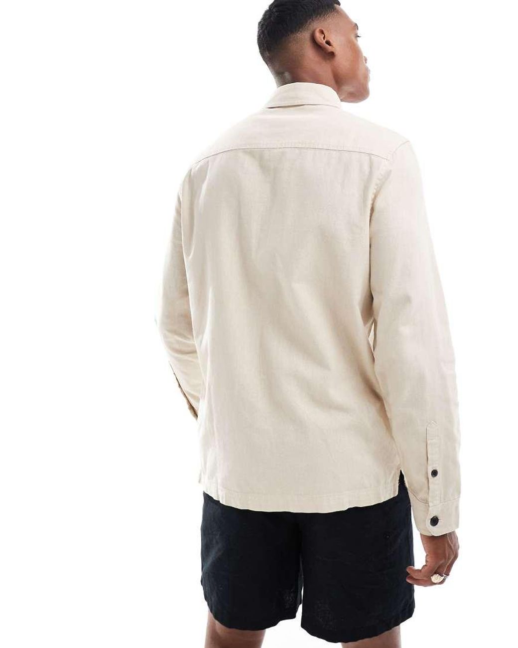 Threadbare White Long Sleeve Linen Slub Shirt With Utlity Pockets for men