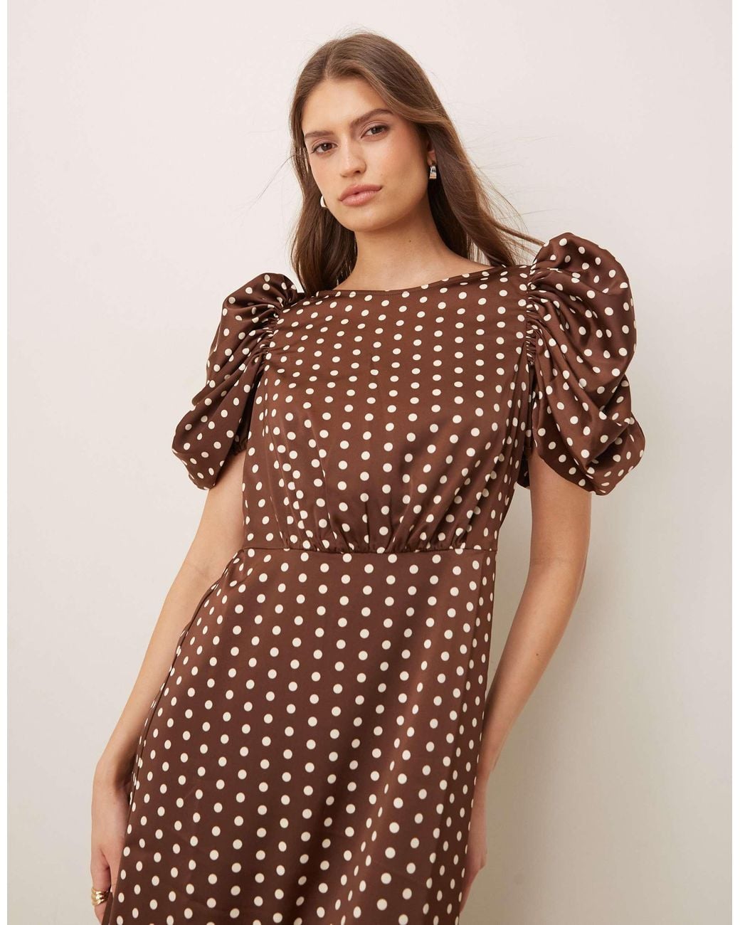 Y.A.S Brown Ruched Puff Sleeve Detail Satin Midi Dress