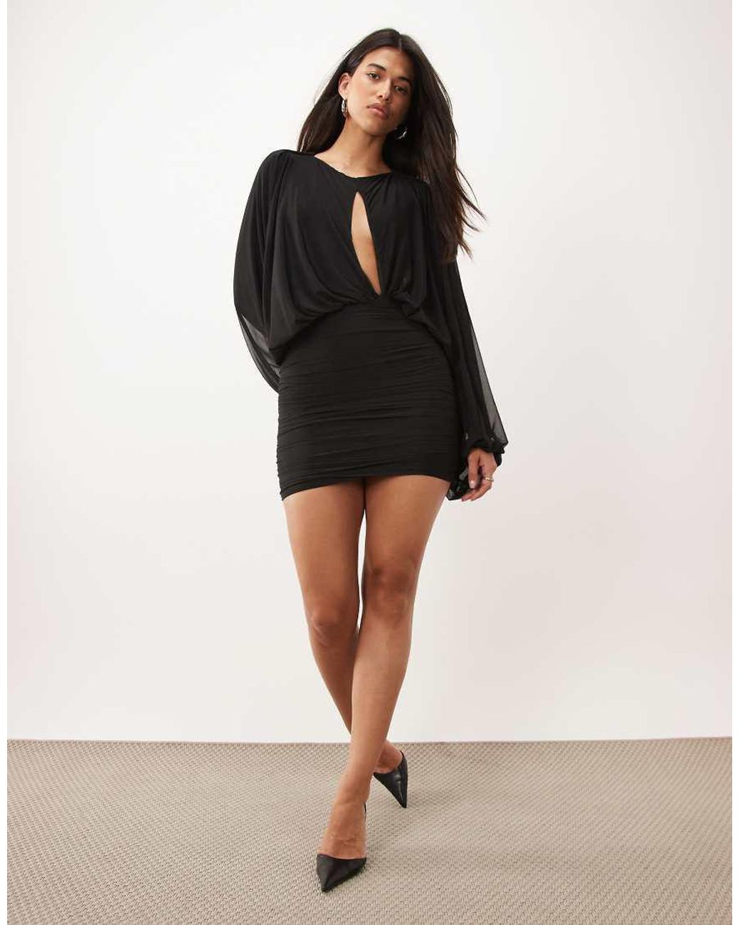 ASOS Black Mesh Mini Dress With Blouson Sleeve And Cut Out