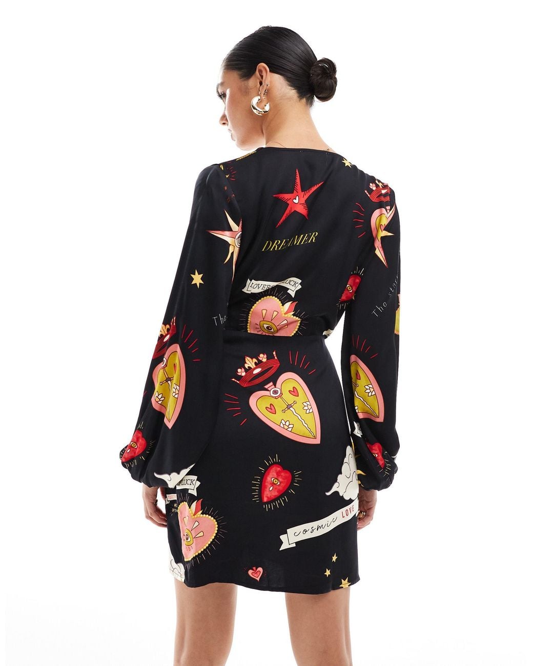 Never Fully Dressed Heart Print Wrap Mini Dress in Black