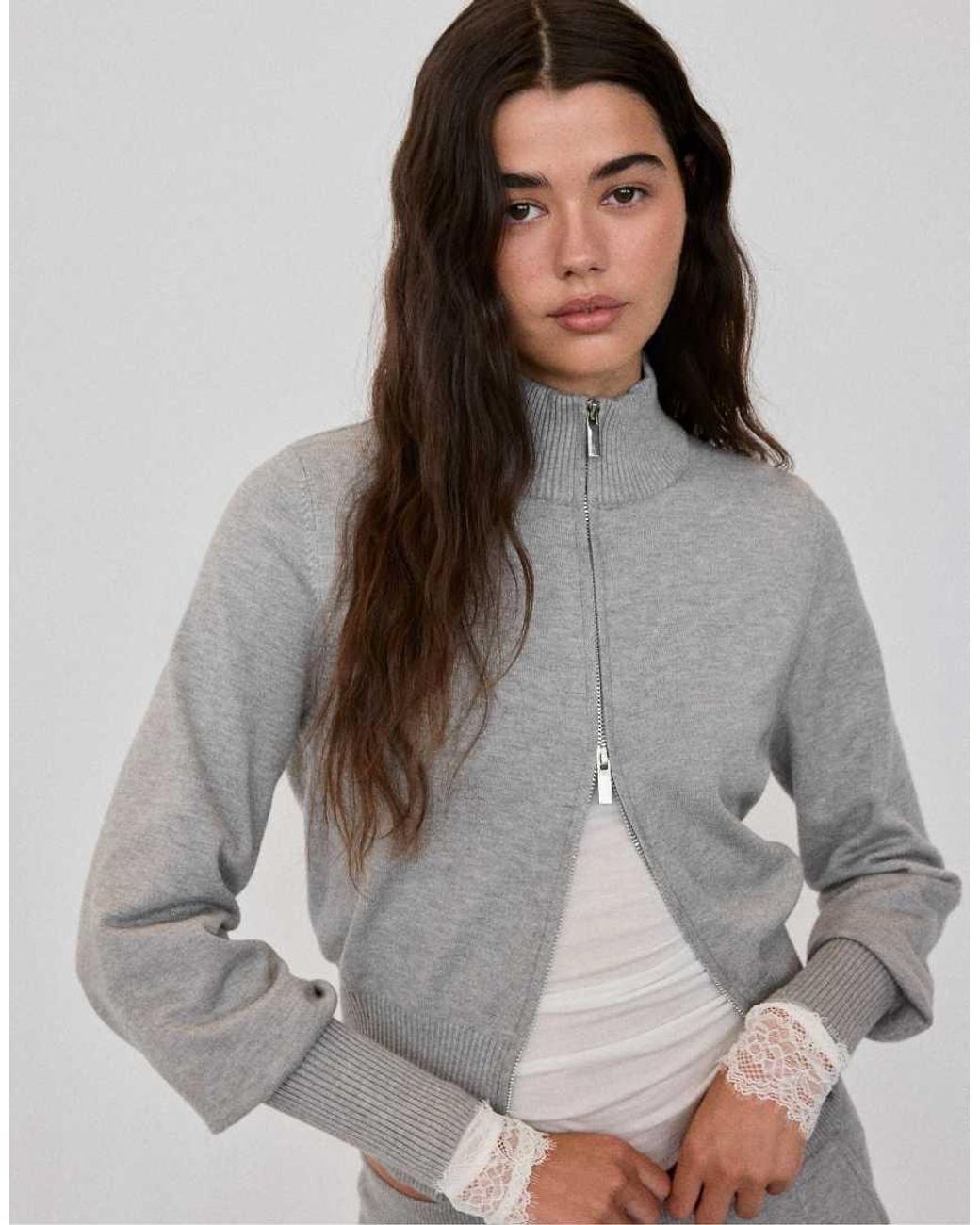 Stradivarius Gray Fitted Zip-up Knit Cardigan