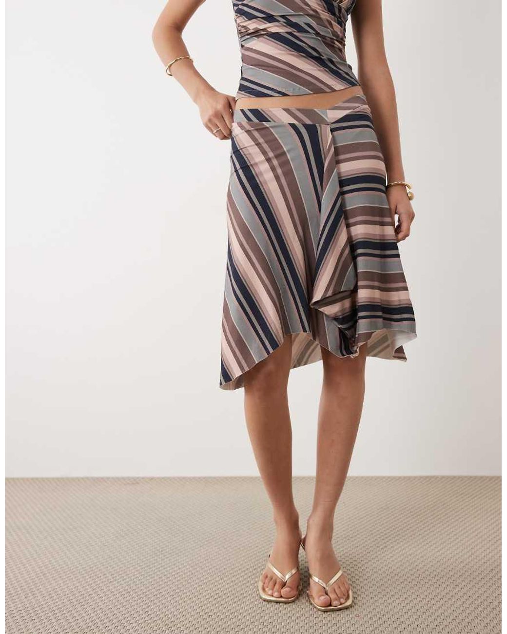 Motel Brown Esmeray Mixed Stripe Midi Skirt