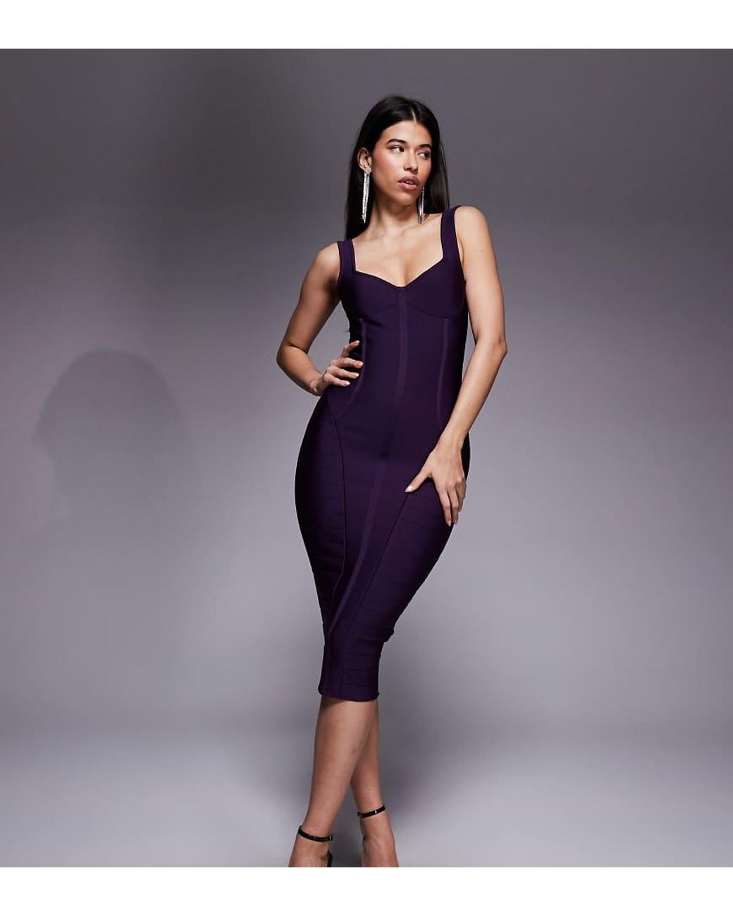Kaiia Blue Exclusive Premium Sweetheart Neckline Bodycon Sculpting Bandage Midi Dress