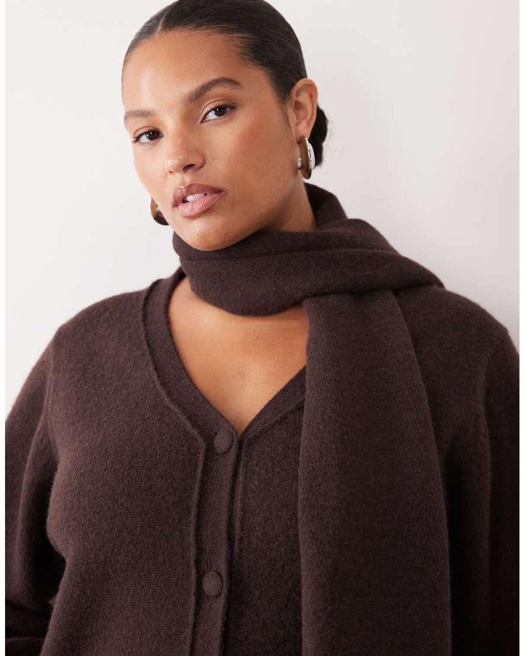 Pretty Lavish Curve Brown Knit Scarf Detail Cardigan