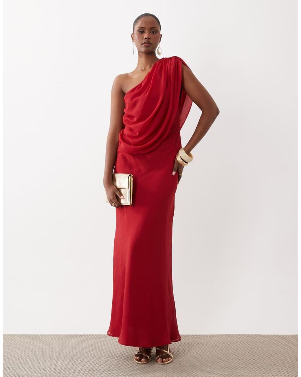 ASOS Red Chiffon Draped Shoulder Maxi Dress With Cowl Back Detail