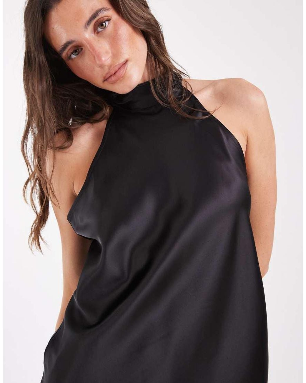 Pieces Black Halter Neck Asymmetric Hem Satin Top Co-ord