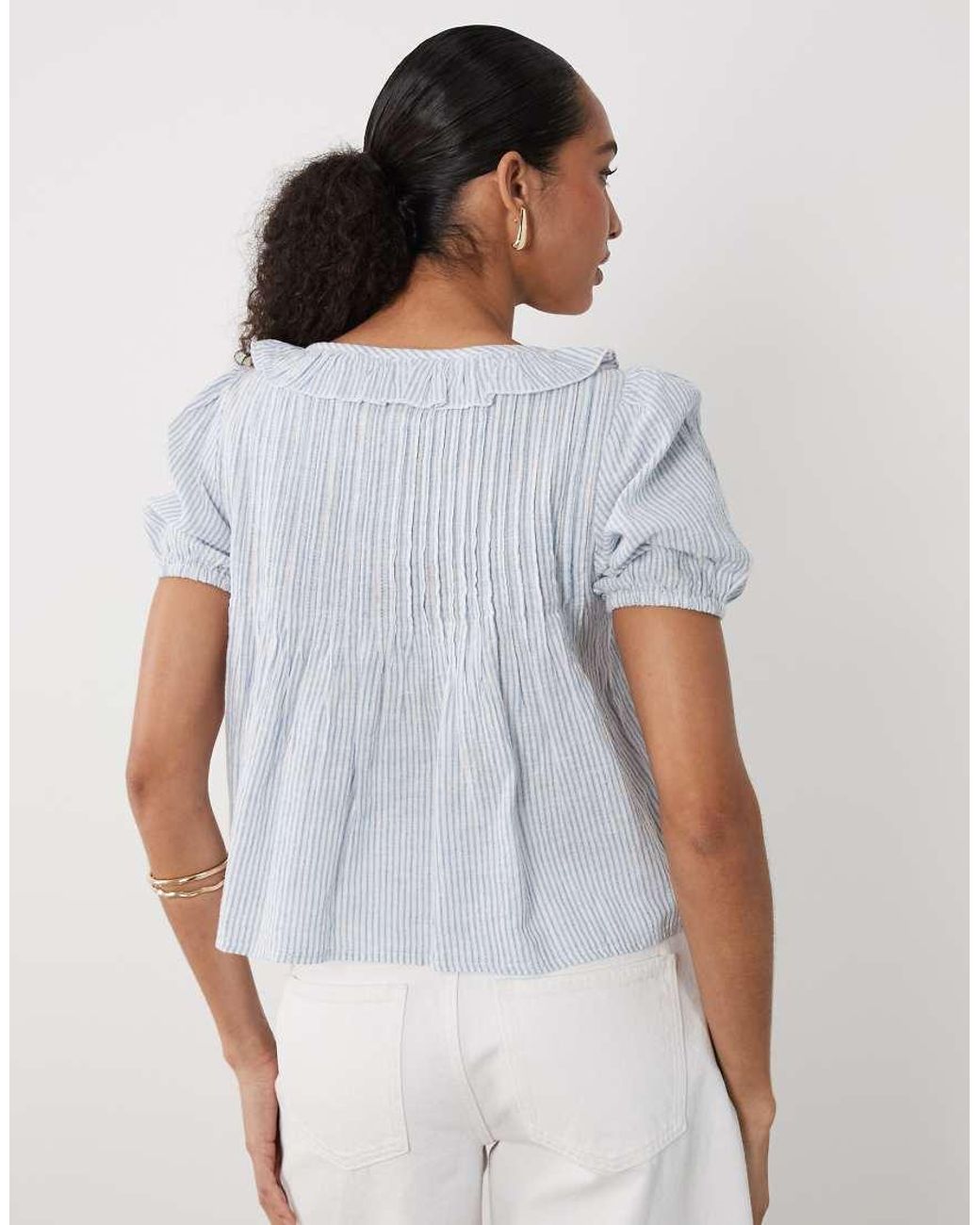 New Look White Stripe Frill Linen Mix Blouse