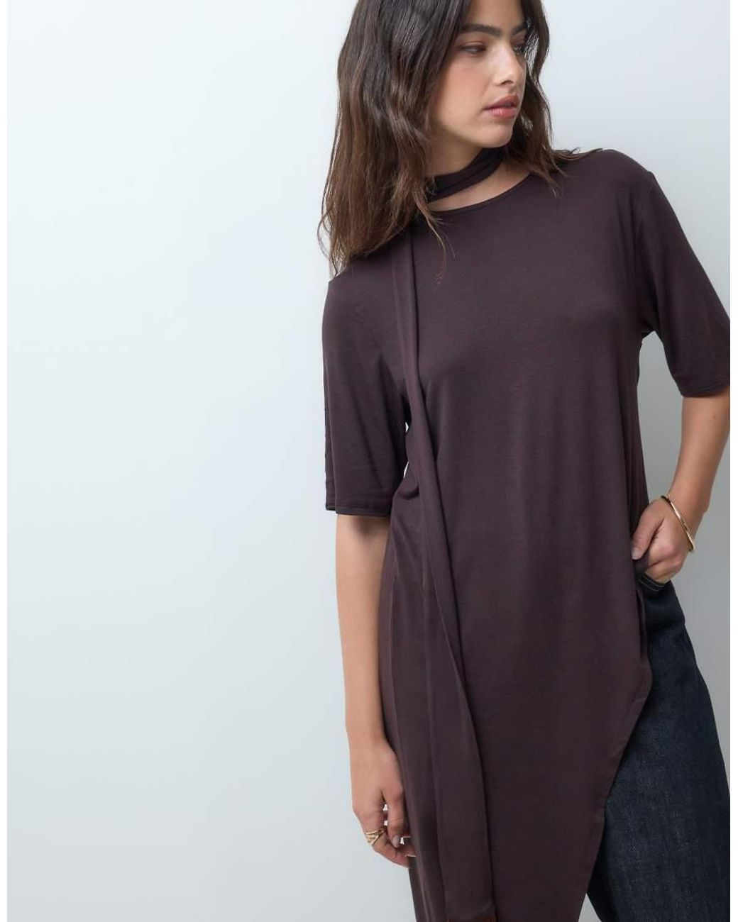 ASOS Blue Asymmetric Top With Fringe Scarf