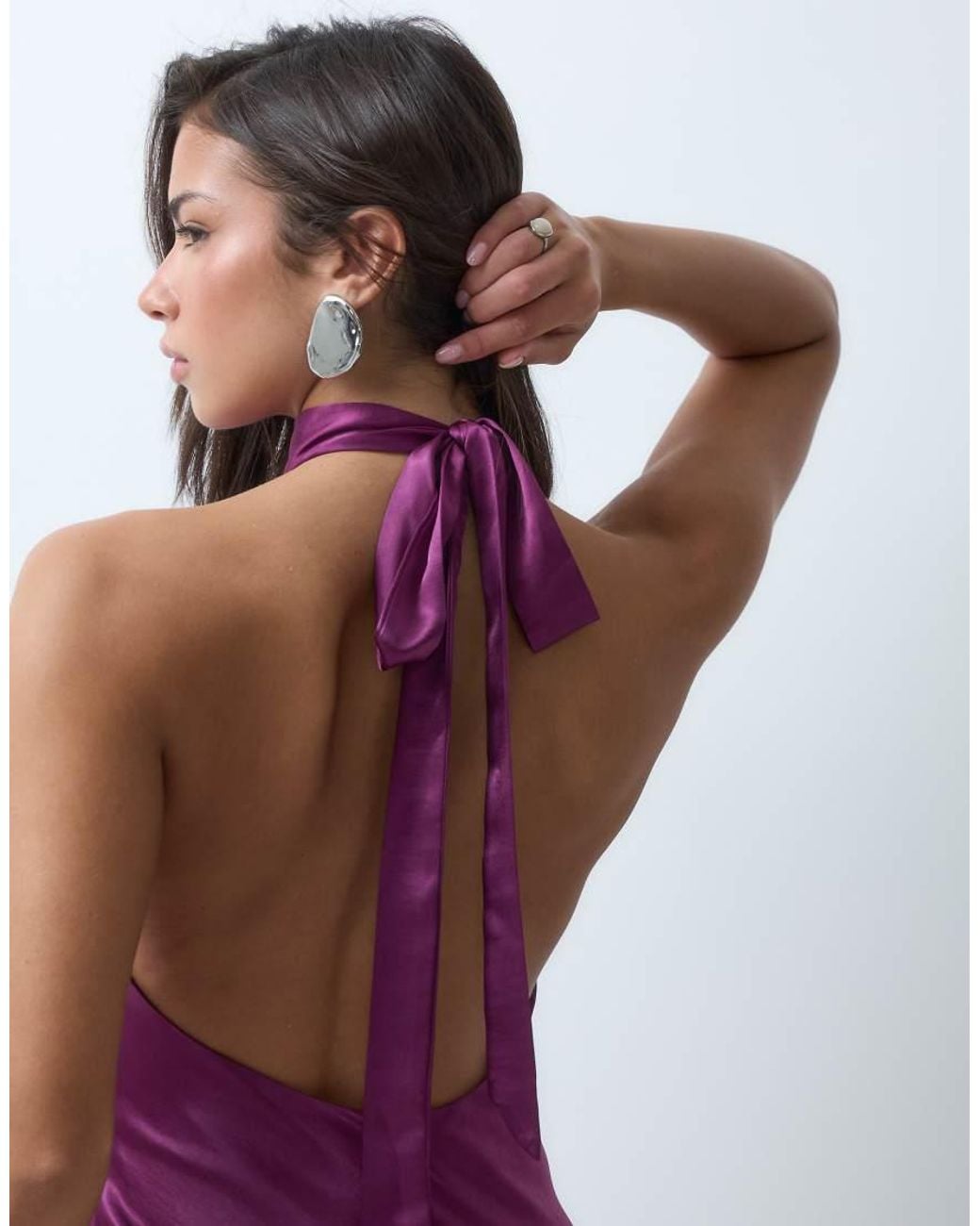 Aria Cove Purple Satin Halterneck High Neck Lace Trim Leg Split Maxi Dress