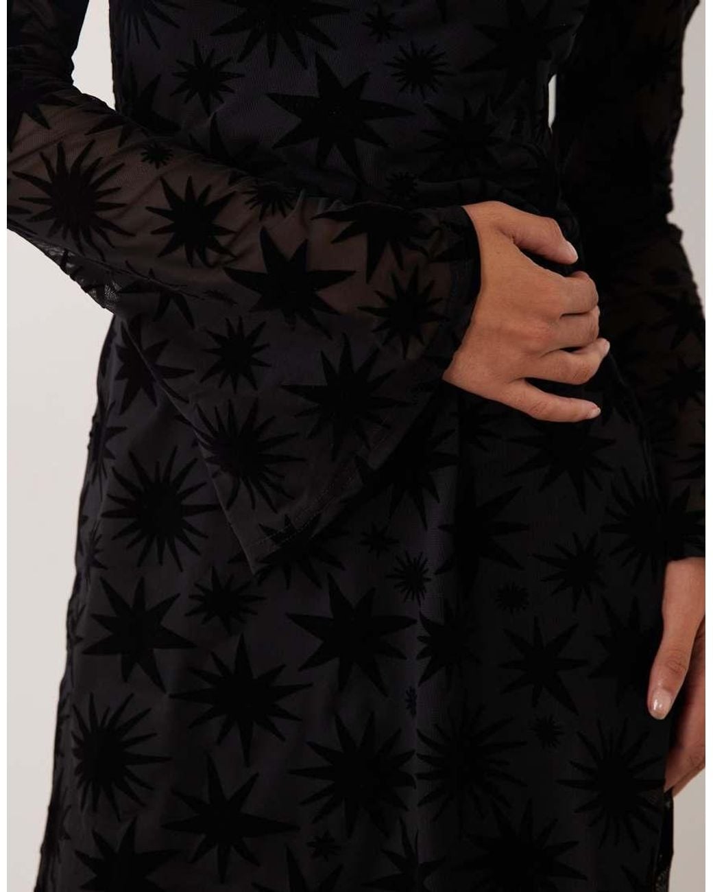 Never Fully Dressed Natural Flocked Mesh Boat Neck Bell Sleeve Mini Dress