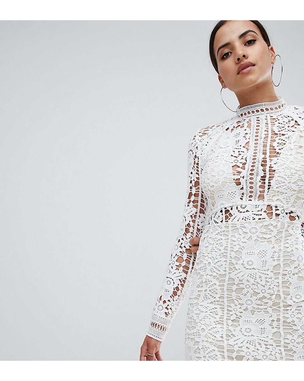 Missguided Crochet Lace Long Sleeve Mini Dress in White