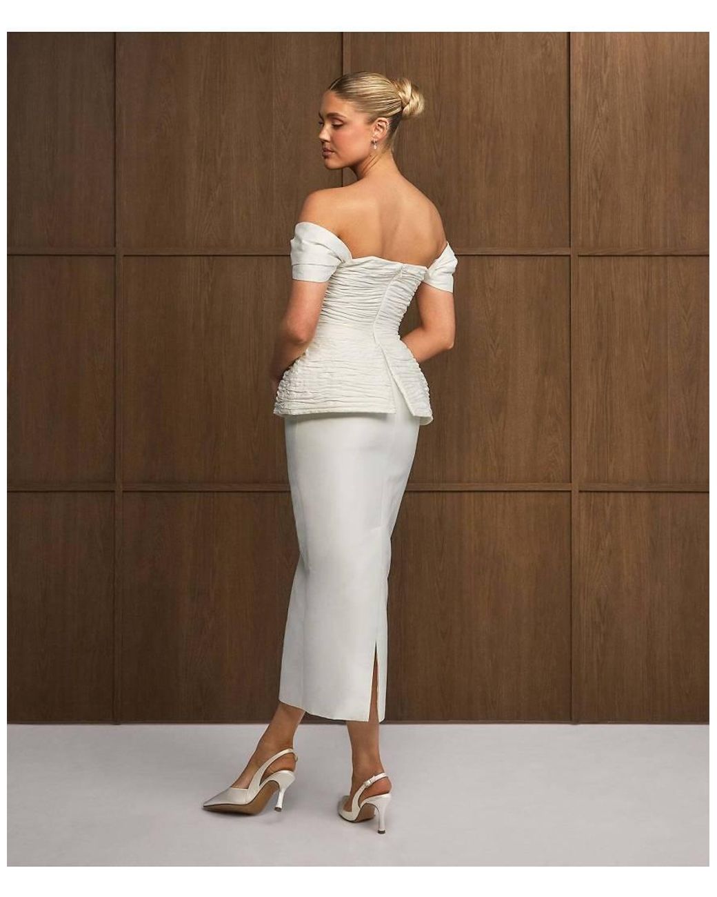 Six Stories Brown Bardot Peplum Midi Dress