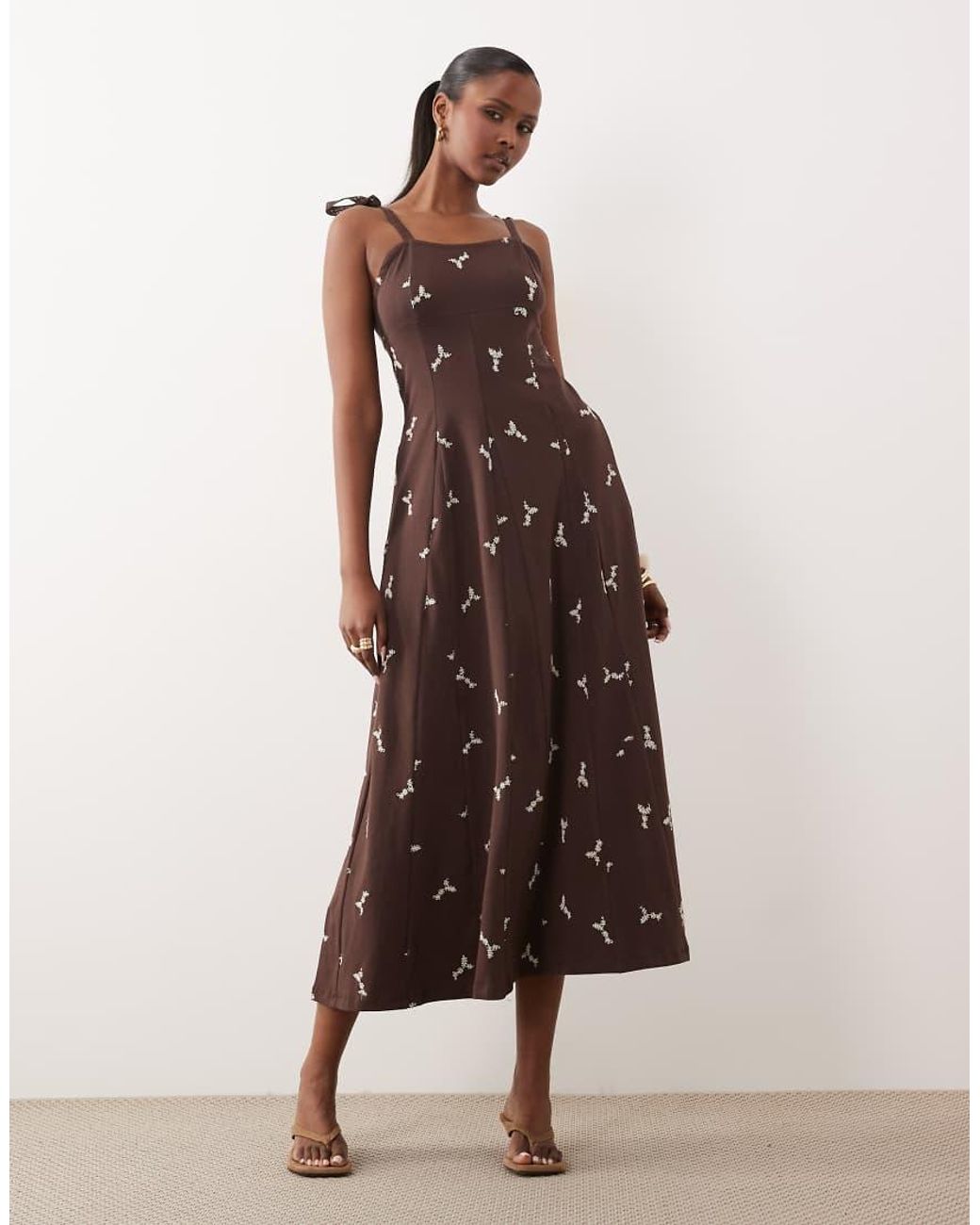ASOS Brown Tie Up Strap Embroidered Midi Dress