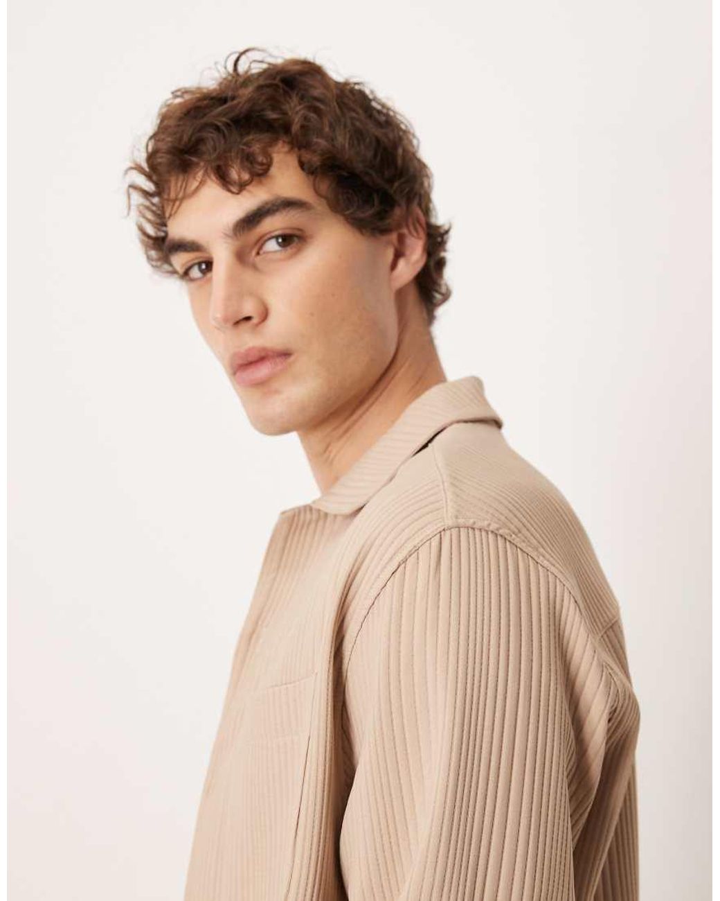 ASOS Natural Co-ord Relaxed Revere Plisse Shirt for men