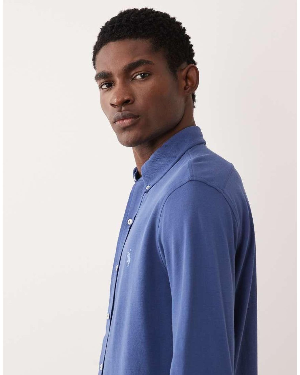 Polo Ralph Lauren Blue Icon Logo Long Sleeve Cotton Shirt for men