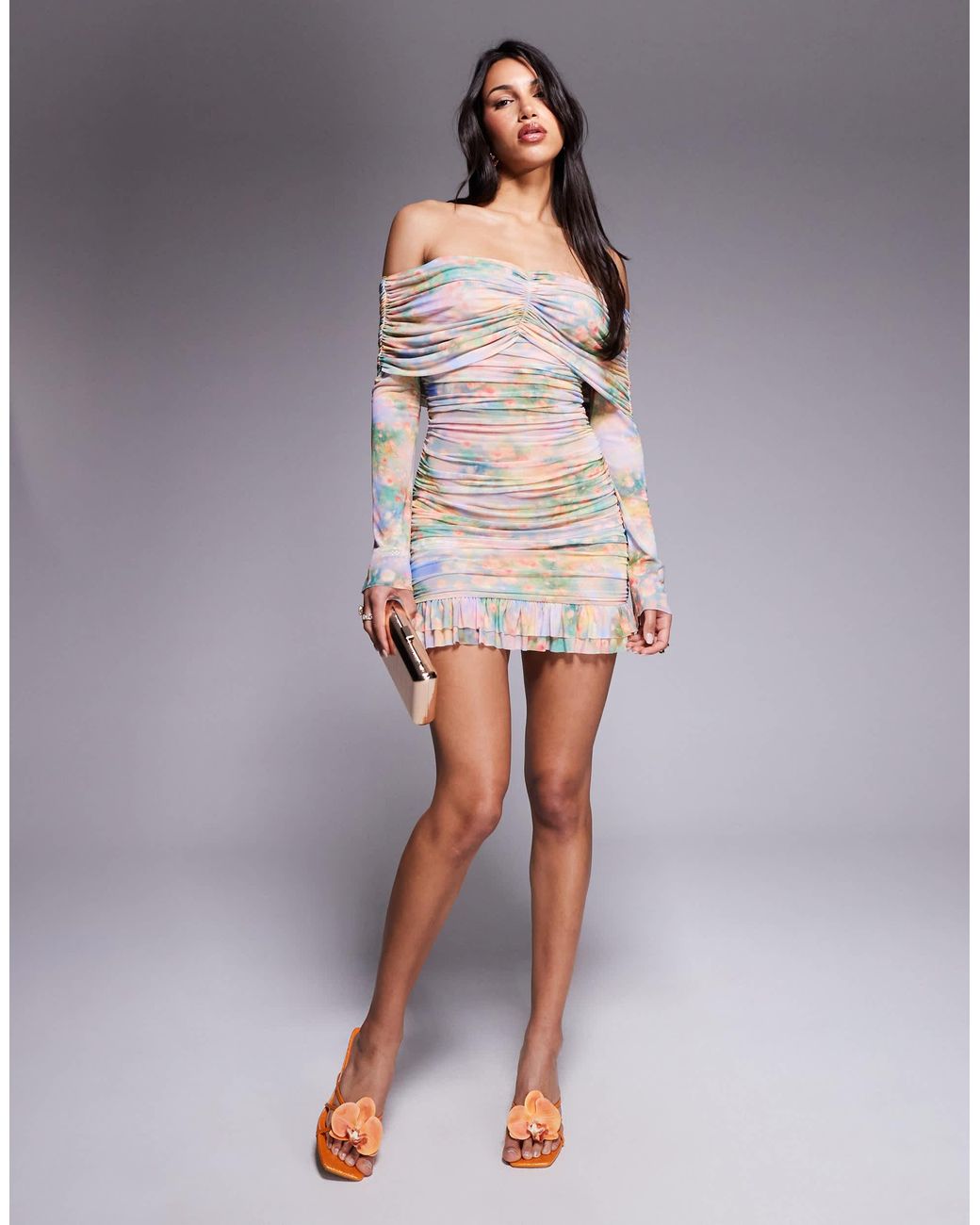 AFRM Long Sleeve Ruched Mini Dress With Ruffle Hem in Gray | Lyst