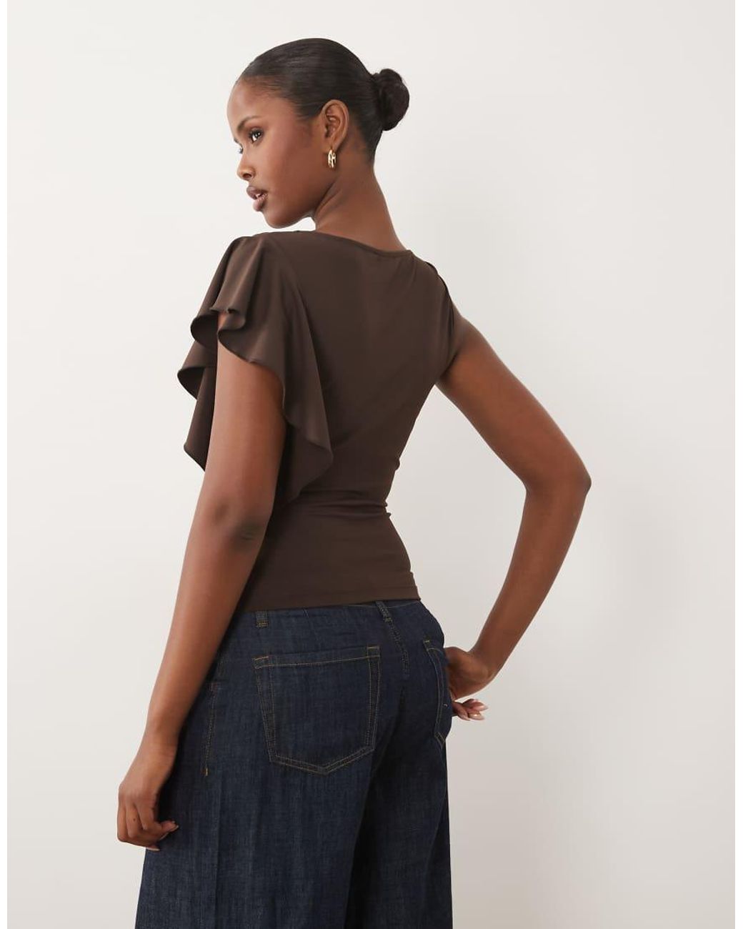 The Frolic Brown Exclusive Slinky Ruffle Shoulder Detail Sleeveless Top