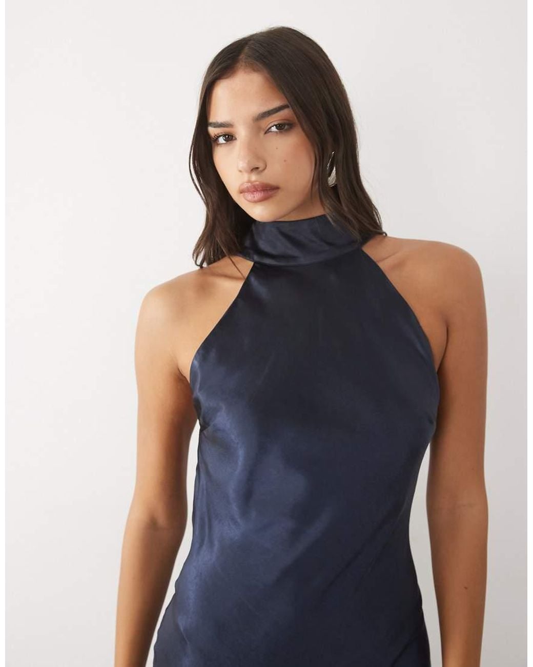 TFNC London Blue Satin High Neck Open Back Scarf Detail Maxi Dress