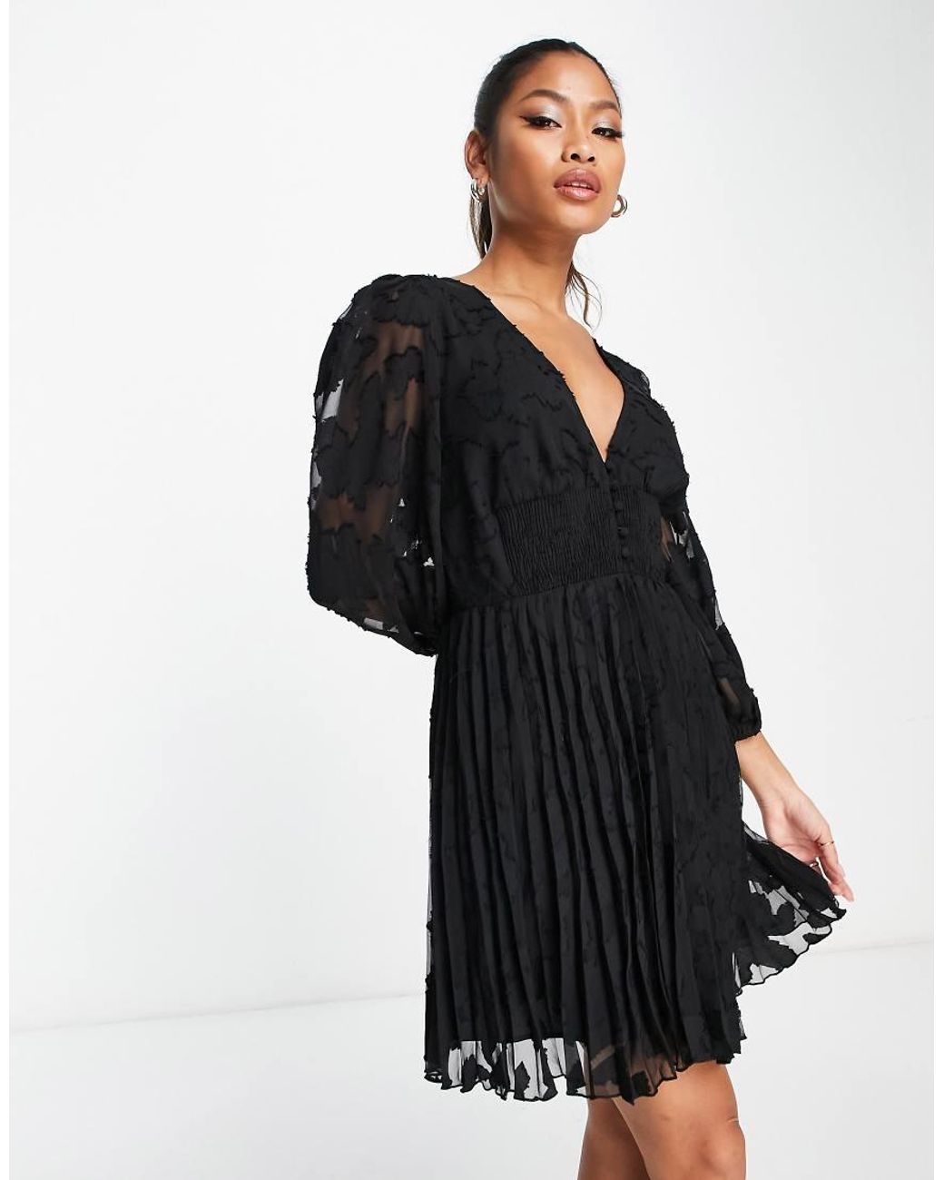 ASOS Black Burnout Button Through Shirred Waist Pleated Mini Dress