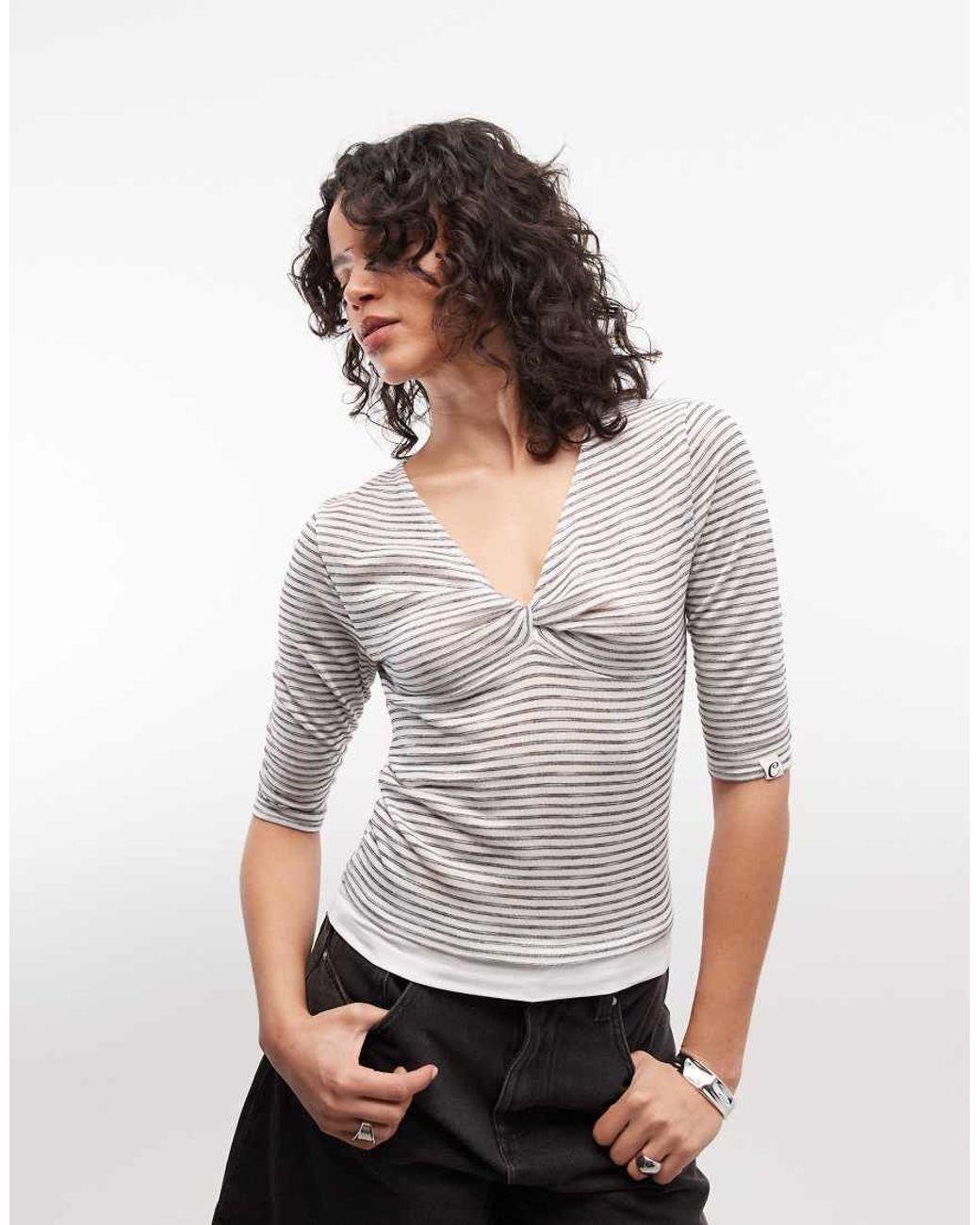 Collusion White Plunge V-neck 3/4 Sleeve Top