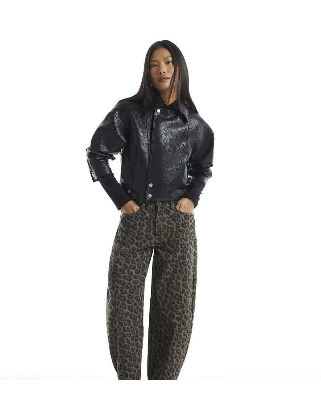 River Island Black Petite Leopard Print Barrel Leg Jeans