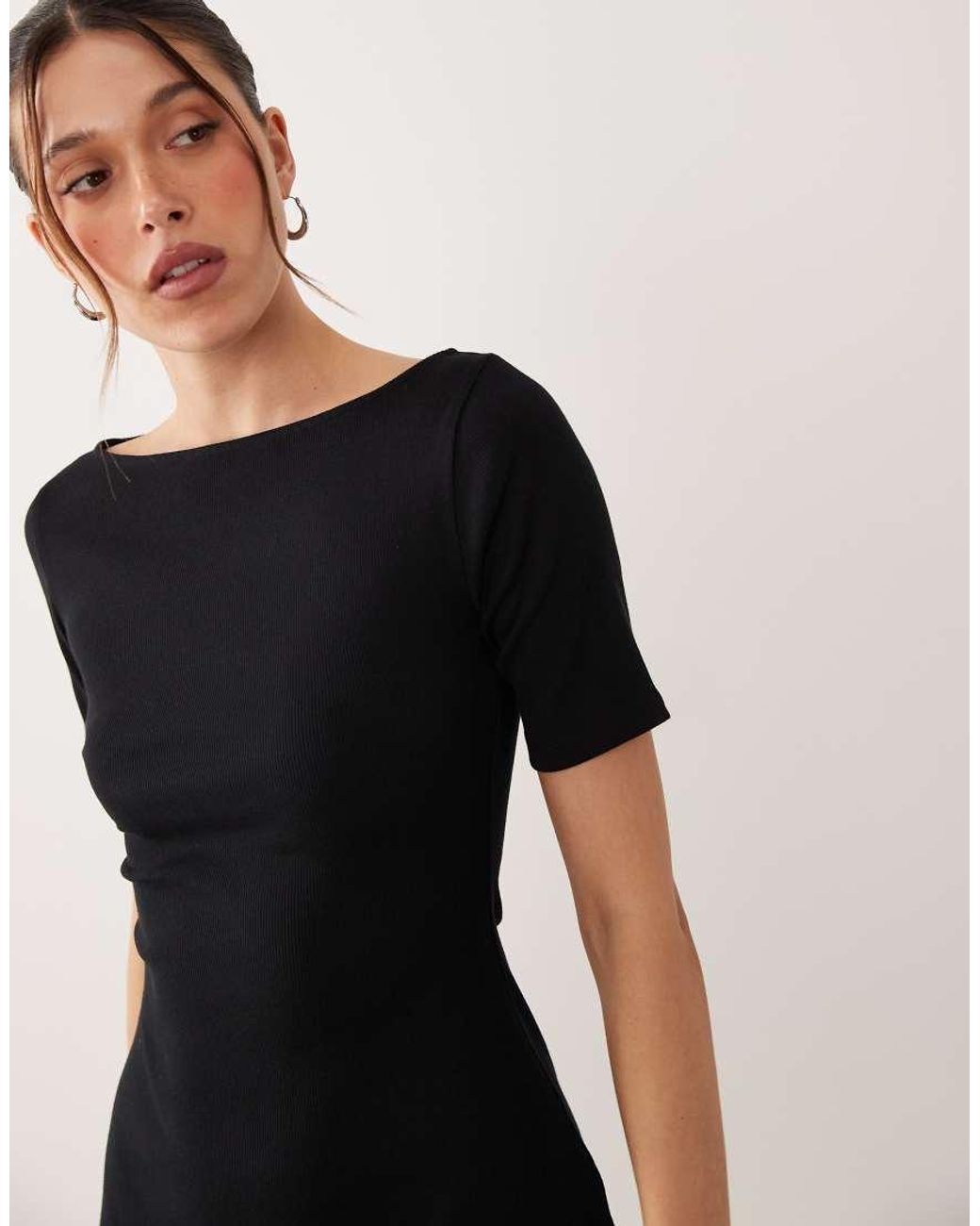 ASOS Black Rib Slash Neck Shoulder Seam Mini Dress