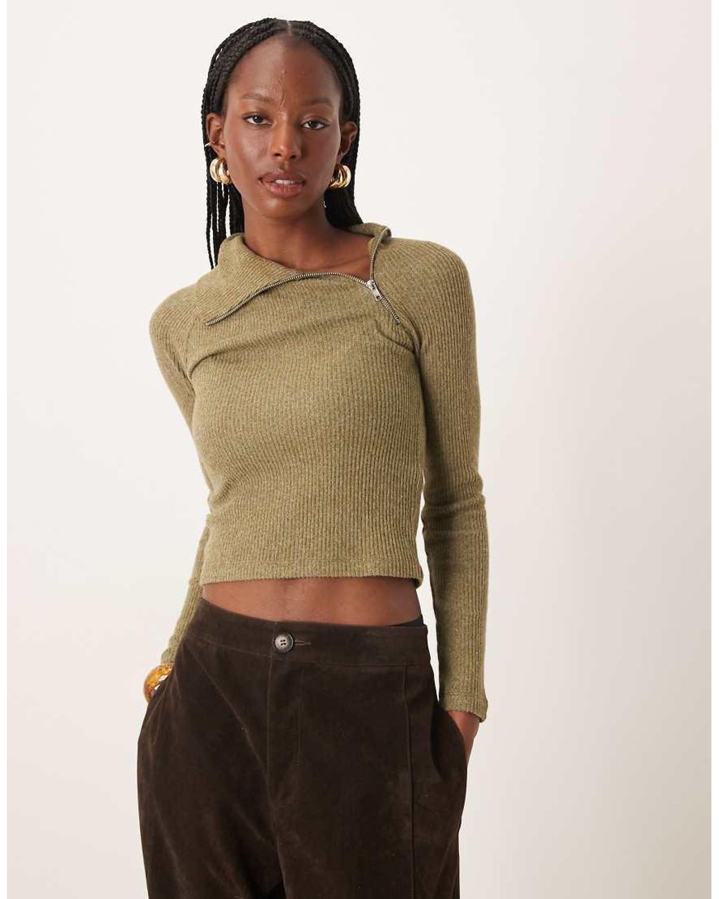 ASOS Green Supersoft Brushed Rib Long Sleeve Top With Zip Detail