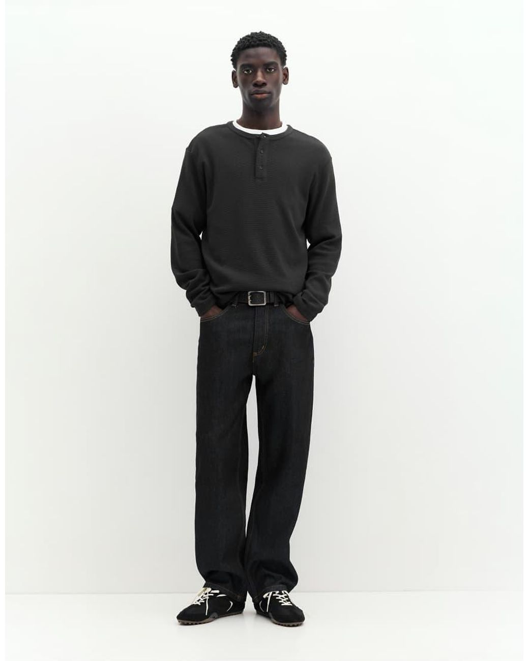 Pull&Bear Black Henley Waffle-knit Long Sleeve T-shirt for men