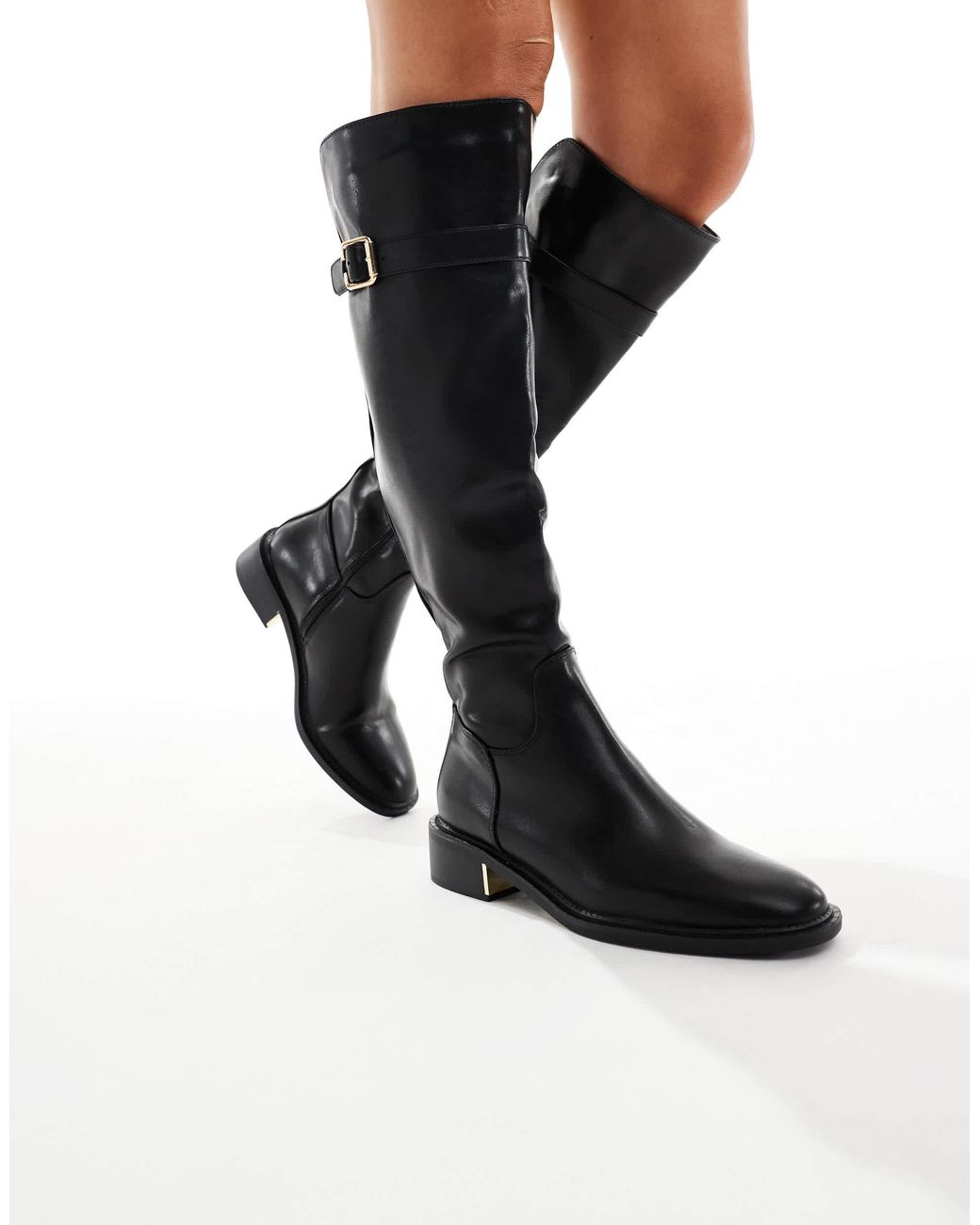 SEQWL Wide Fit Black Latte Buckle Detail Riding Boots
