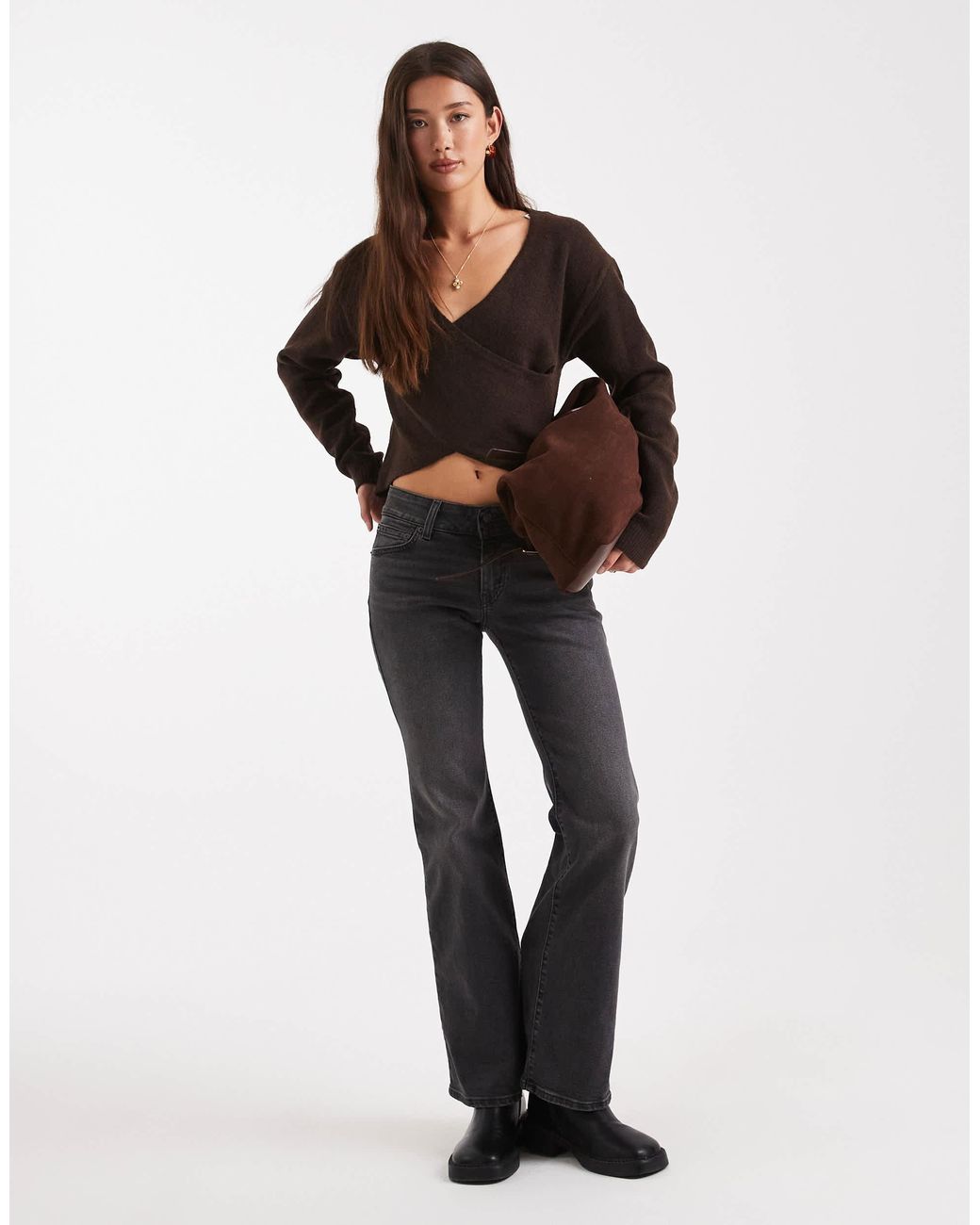 Pieces Black Wrap Front Knitted Jumper