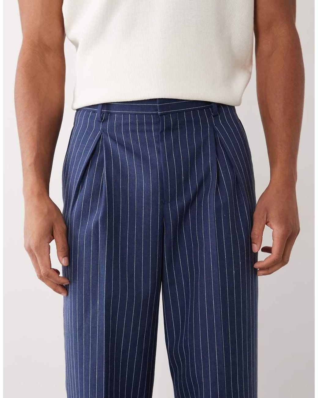 ASOS Blue Linen Blend Tailored Pleated Wide Leg Pants for men