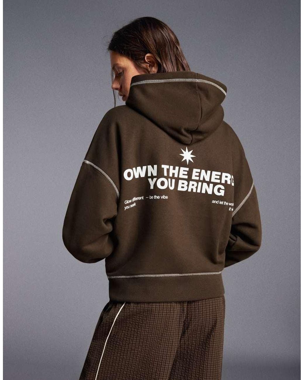 Bershka Brown Hooded Print Sweatshirt