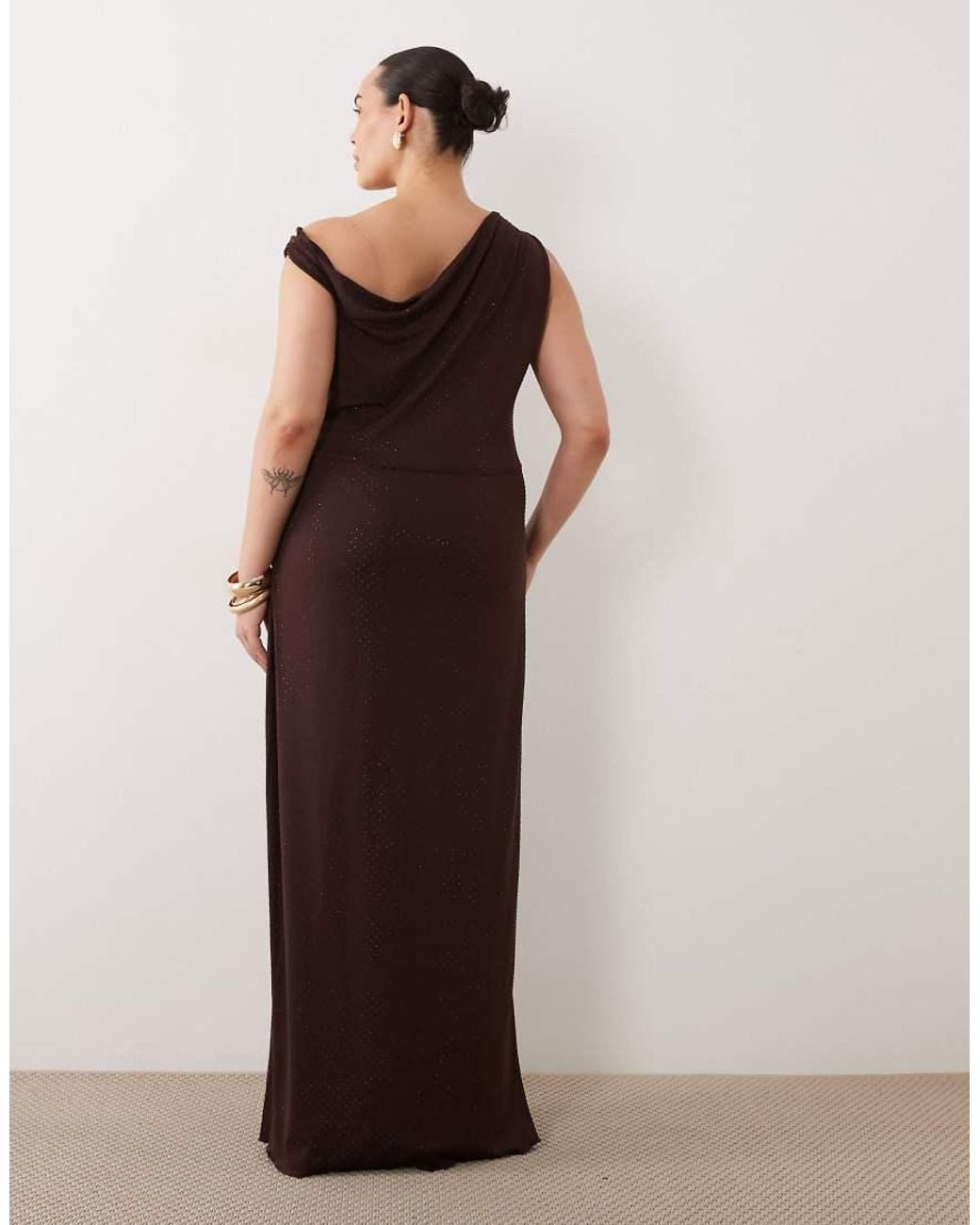 Tfnc Plus Brown Slinky Hotfix Fallen Shoulder Thigh Split Maxi Dress