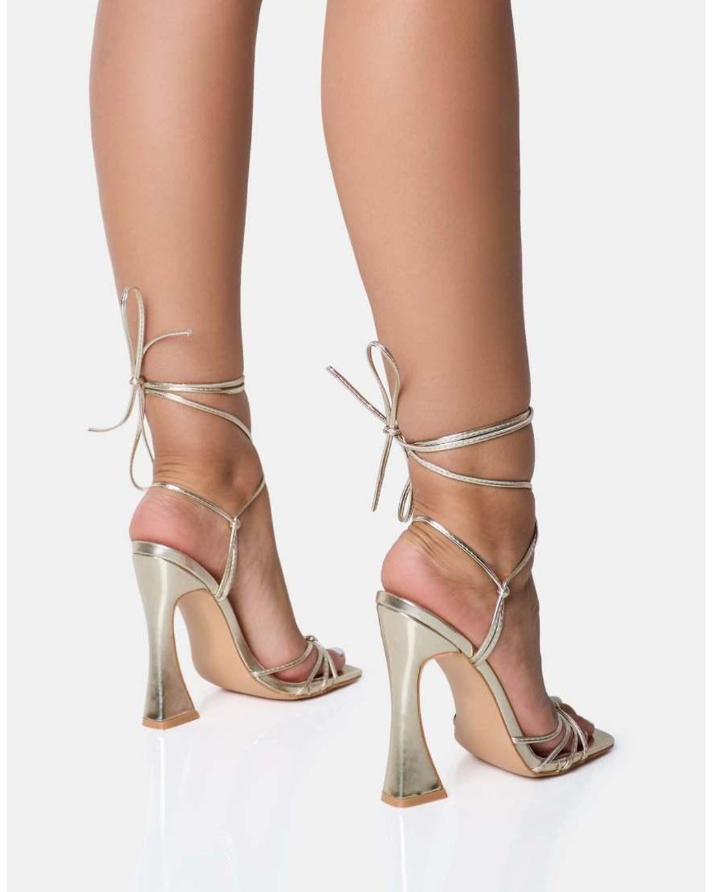 Public Desire Natural Brightside Metallic Gold Strappy Tie Up Square Toe Flared Heels