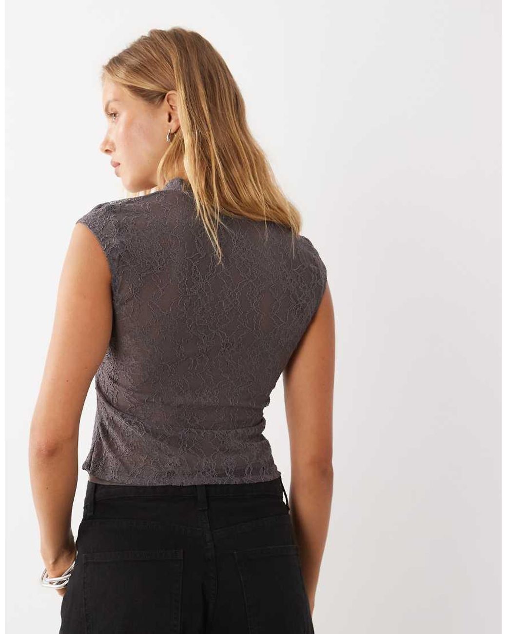 Mango Gray High Neck Cap Sleeve Tie Neck Top
