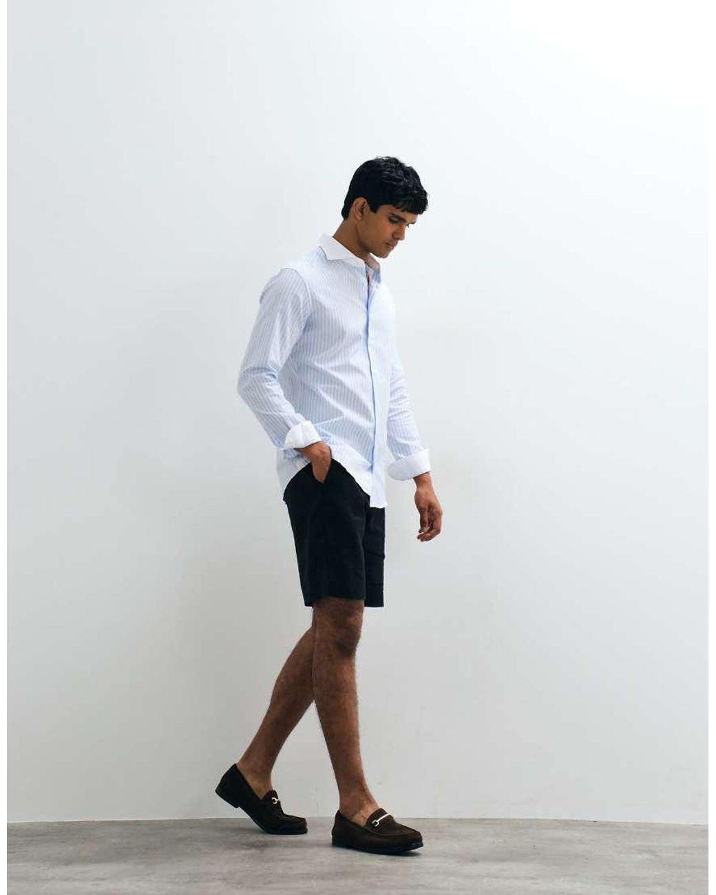 Mango White 100% Cotton Contrast Trim Long Sleeve Striped Shirt for men