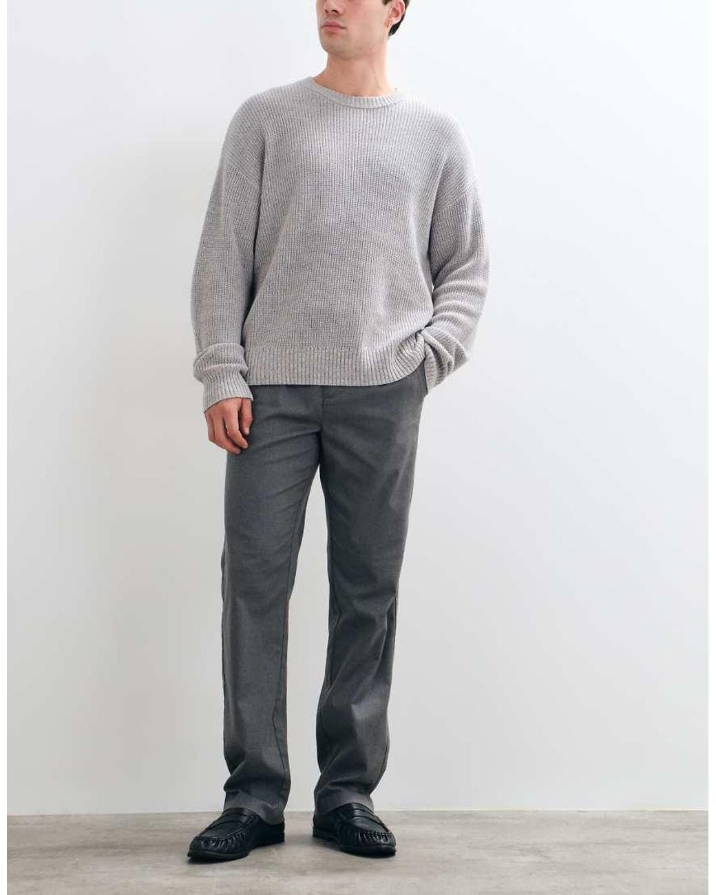 Threadbare Gray Drawstring Waist Straight Leg Trousers With Pleat for men