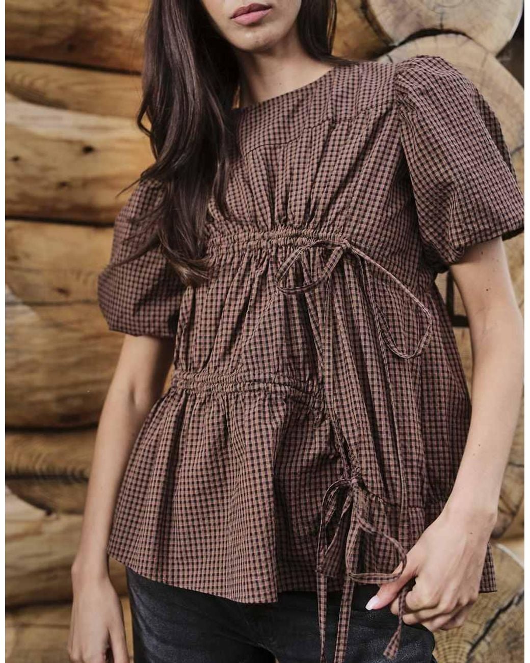 Daisy Street Brown Shirred Hemlock Blouse With Puff Sleeve
