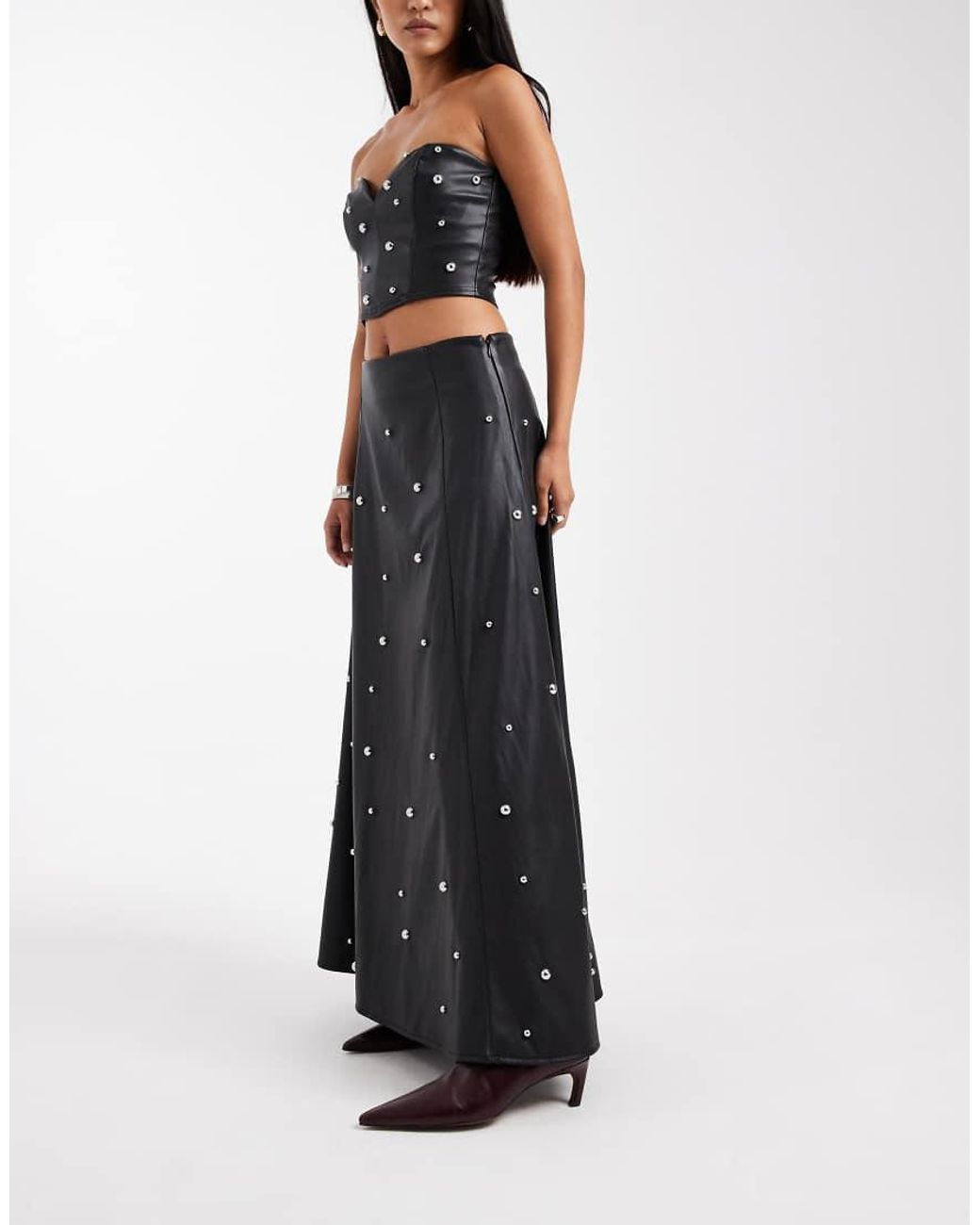 Miss Selfridge Black Faux Leather Studded Maxi Skirt